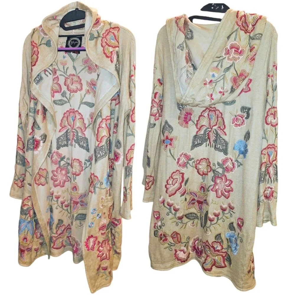 JOHNNY WAS BIYA Sz S Floral Embroidered Open Front Hood Cardigan Duster Sweater